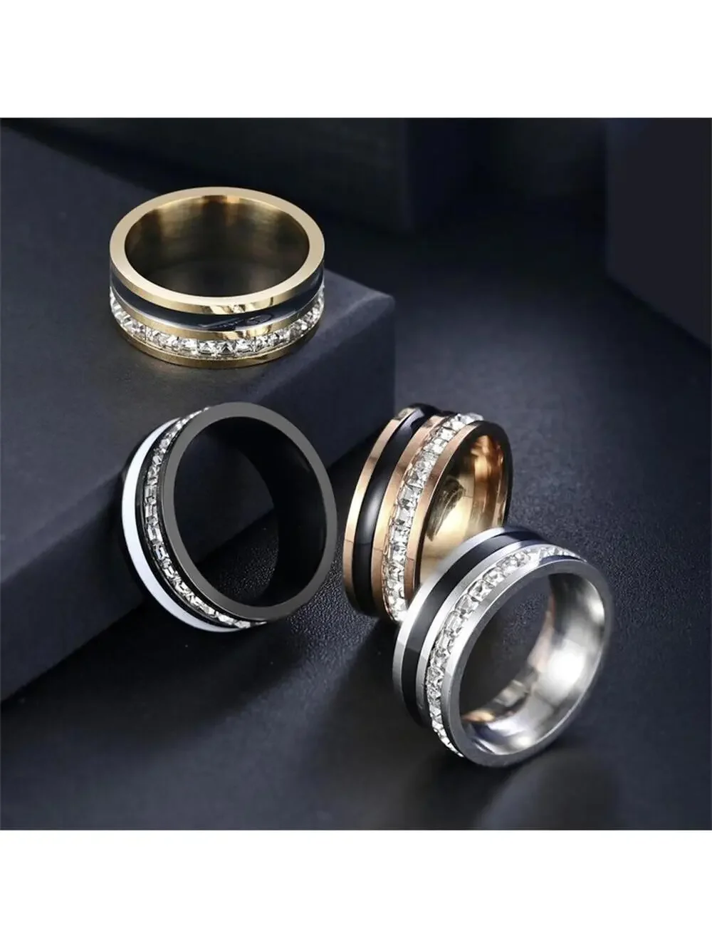 Stainless steel princess cut inlay band RING - Silver - CZs- size 10